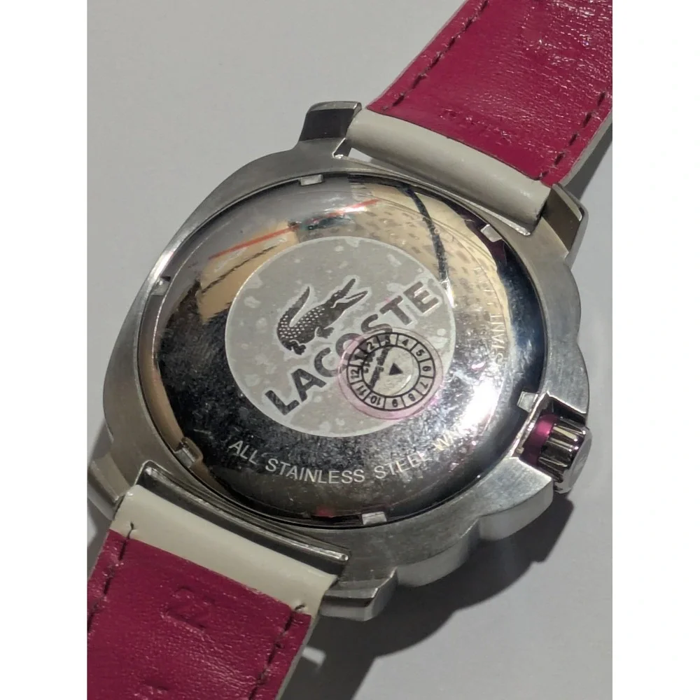 Lacoste Womens Stainless Steel Watch White Pink Leather Strap 5 ATM Water Resist